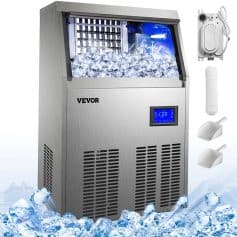 Stainless steel ice maker with digital display, ideal for optical stores, clinics, and medical facilities to produce ice cubes efficiently. Includes accessories for maintenance and optimal ice storage.