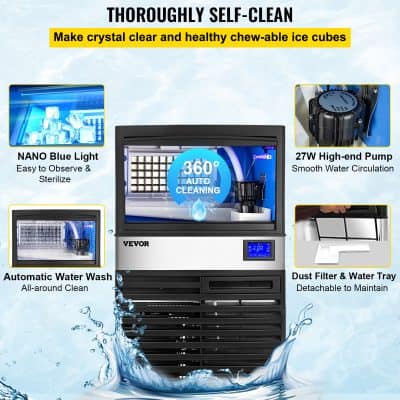High-end self-cleaning ice maker with water circulation and disinfecting features.