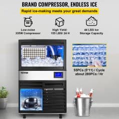Highly efficient ice machine producing 280 ice cubes per hour, with a 44 lbs storage capacity for medical, cosmetic, or industrial applications.