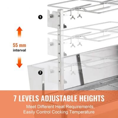 Stainless steel multi-level oven rack with 7 height settings for customized cooking and heat control, featuring 55mm interval spacing for efficient kitchen organization and enhanced cooking performance.