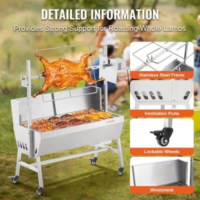 Enhanced grilling station for lamb roasts with stainless steel frame and ventilation ports. Includes lockable wheels and windshield for outdoor barbecue needs.