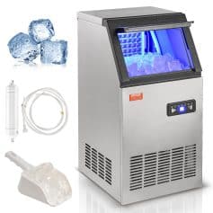 Efficient commercial ice maker with storage, ideal for medical, clinic, and laboratory use. Includes ice trays, water line, and reverse osmosis filter for pure, hygienic ice production.