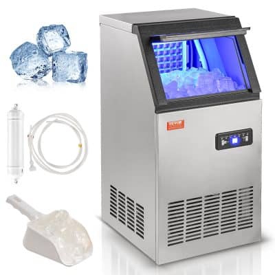 Efficient commercial ice maker with storage, ideal for medical, clinic, and laboratory use. Includes ice trays, water line, and reverse osmosis filter for pure, hygienic ice production.