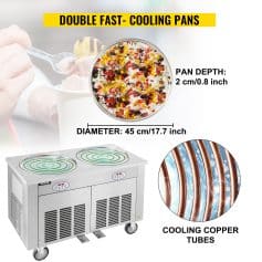 High-capacity cooling pans with 45 cm diameter and 2 cm depth, ideal for food storage and serving. Features efficient cooling copper tubes for even temperature control.