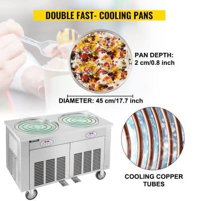 High-capacity cooling pans with 45 cm diameter and 2 cm depth, ideal for food storage and serving. Features efficient cooling copper tubes for even temperature control.