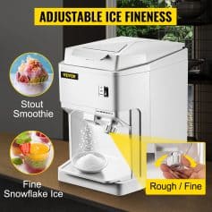 Modern white ice machine ideal for making crunchy or fine snowflake ice with adjustable fineness for beverages and desserts. Compact design suitable for cafes, kitchens, and commercial use.
