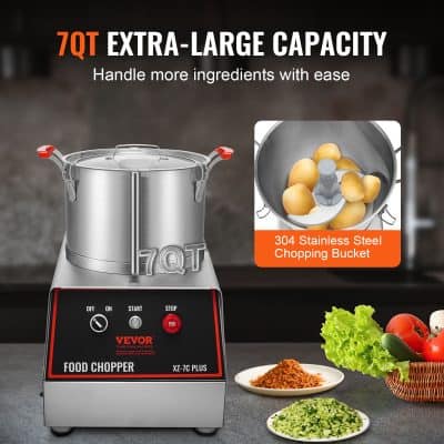 Modern stainless steel food processor for efficient ingredient handling.