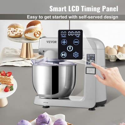 Smart LCD timing panel on modern stand mixer for baking and cooking.