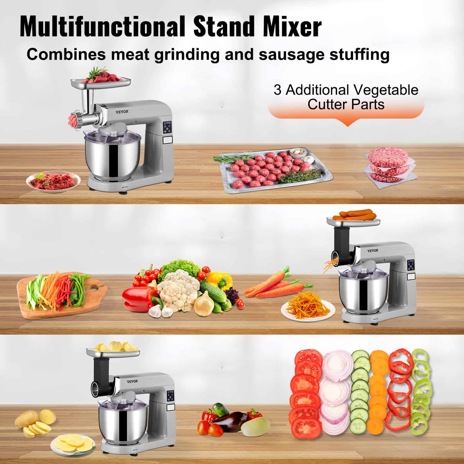 Premium multifunctional stand mixer for meat grinding and sausage stuffing, with three additional vegetable cutter parts for versatile kitchen use.