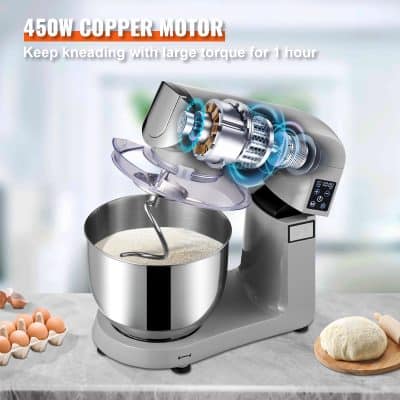 High-performance kitchen stand mixer featuring 450W copper motor, ideal for kneading dough, baking, and cooking. Perfect for home culinary enthusiasts seeking durability and precision.
