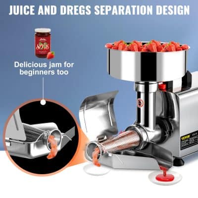 Stainless steel juice and dregs separator machine with strawberry fruit chamber, perfect for commercial and home kitchens for efficient juice extraction from berries.