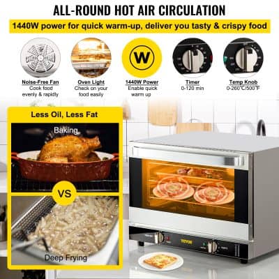 2. Modern oven with hot air circulation for baking, roasting, and crisping food. Features include noise-free fan, oven light, 1440W power, timer, and temperature control for efficient cooking.