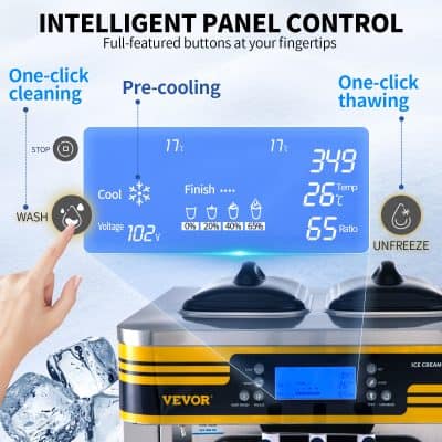An advanced digital control panel showing options for cleaning, pre-cooling, and thawing on an ice cream machine, with a colorful display of temperature, voltage, and mixture ratio, designed for efficient operation and user convenience.