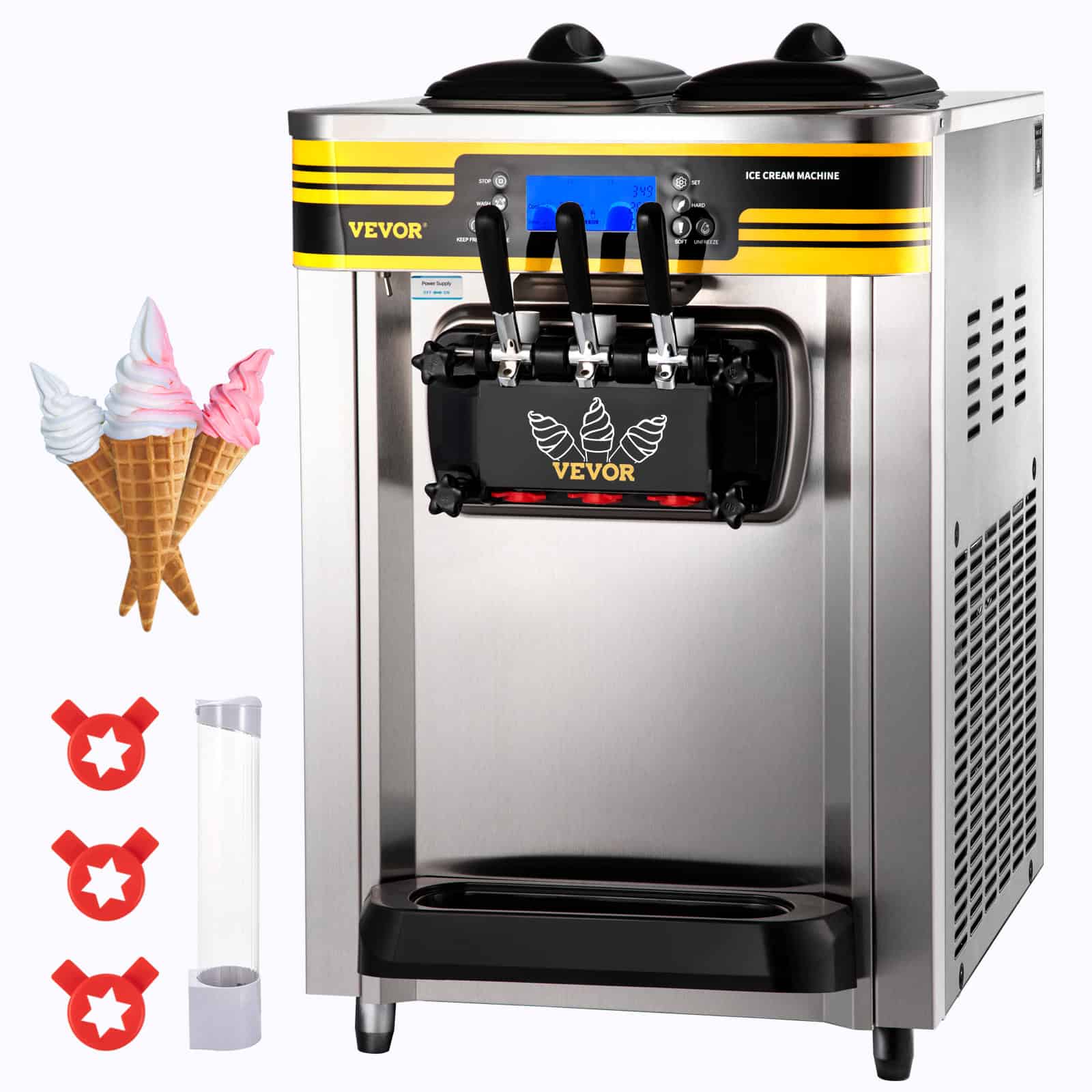 Commercial ice cream maker with modern stainless steel design, ideal for ice cream shops, cafes, and restaurants. Efficient, durable, and easy to operate. Perfect for creating delicious gelato and soft serve treats.
