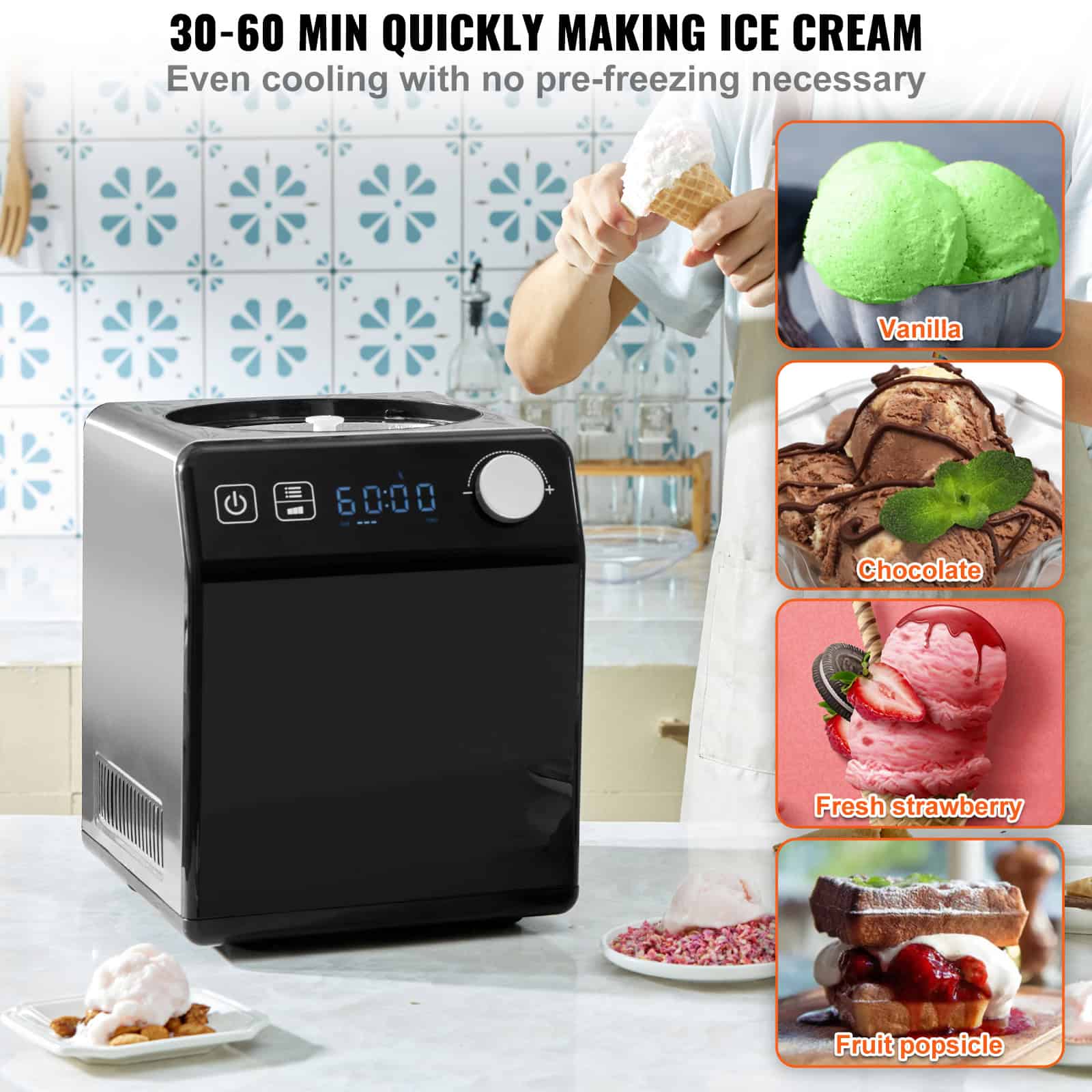 Compact ice cream machine for making vanilla, chocolate, strawberry, and fruit popsicles effortlessly. Easy to use with quick, even cooling—perfect for homemade frozen treats.