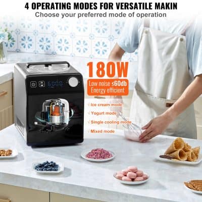 High-quality ice cream, yogurt, and dessert maker with 180W power, multiple modes, low noise operation, and energy efficiency for home use.