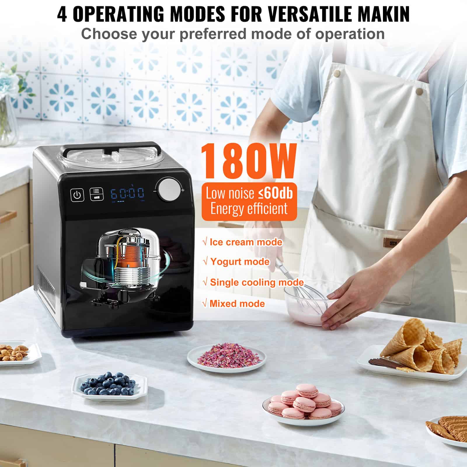 High-quality ice cream, yogurt, and dessert maker with 180W power, multiple modes, low noise operation, and energy efficiency for home use.