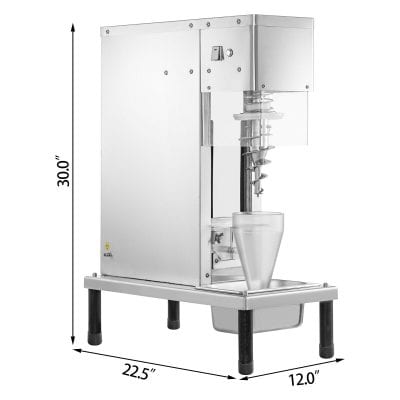 High-capacity stainless steel ice crusher machine for efficient ice crushing in commercial settings. Compact design with precise dimensions for optimized space usage. Perfect for food service and catering industries.