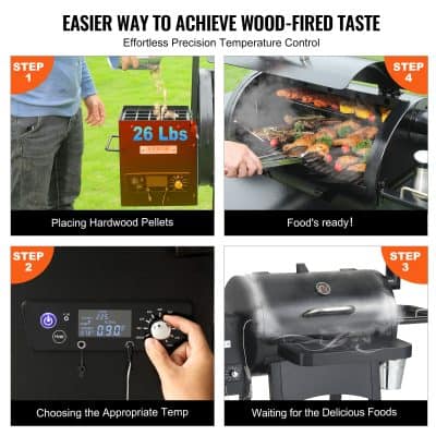 Highly detailed close-up of an electric pellet grill cooking delicious roasted chicken and vegetables outdoors.