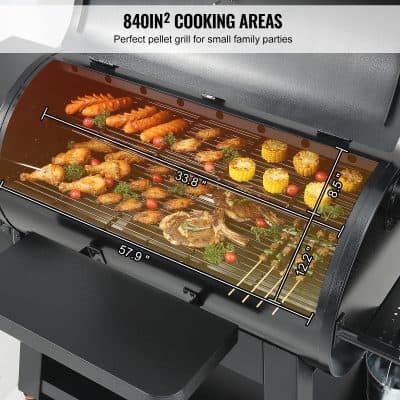 Optimal pellet grill with 840 square inches cooking space, perfect for grilling meats, vegetables, and corn on the cob for family gatherings.