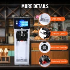Ice cream machine with digital touch interface, drip tray, control lever, multi-vent cooling system, and dispensing nozzle, ideal for ice cream parlors and cafes.