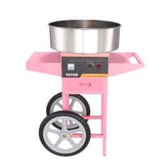 Stainless steel candy making machine on a pink mobile cart with wheels, perfect for confectionery shops, bakeries, and restaurants. Easy to operate with adjustable temperature control.