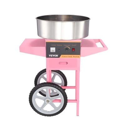 Stainless steel candy making machine on a pink mobile cart with wheels, perfect for confectionery shops, bakeries, and restaurants. Easy to operate with adjustable temperature control.