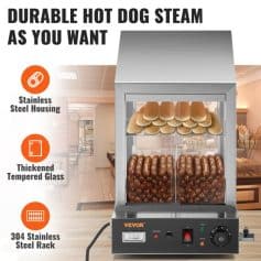 High-quality hot dog steamer with stainless steel housing, thickened tempered glass, and durable 304 stainless steel rack for quick snack preparation. Ideal for commercial use, keeps hot dogs and buns perfectly heated.
