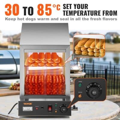 High-quality hot dog steamer for commercial use, heats from 30°C to 85°C, keeps hot dogs warm, features adjustable temperature control, perfect for food stalls and restaurants.