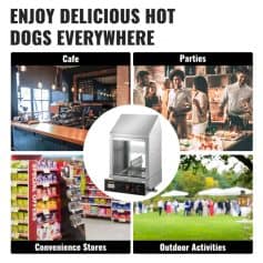 Portable hot dog steamer for catering, convenience stores, outdoor activities, and parties. Perfect for serving fresh, hot hot dogs quickly in various settings with reliable performance.