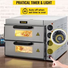 Image of a compact, high-efficiency pizza oven with adjustable temperature controls, built-in light, and timer for fast, countertop pizza baking. Perfect for home kitchens and small food businesses.