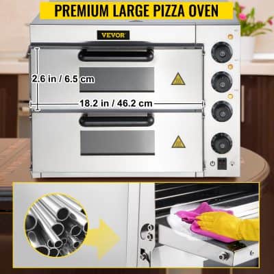 Durable stainless steel pizza oven with adjustable temperature controls, measuring 18.2 inches by 2.6 inches, ideal for commercial kitchen use.