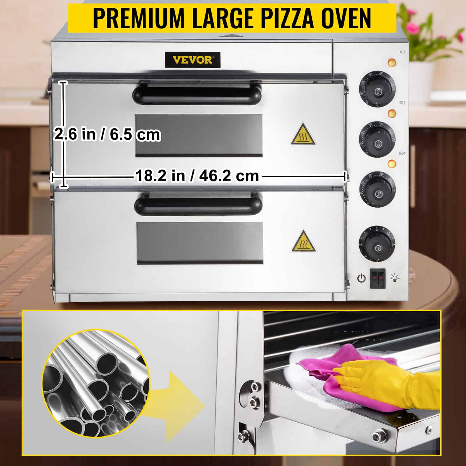 Durable stainless steel pizza oven with adjustable temperature controls, measuring 18.2 inches by 2.6 inches, ideal for commercial kitchen use.