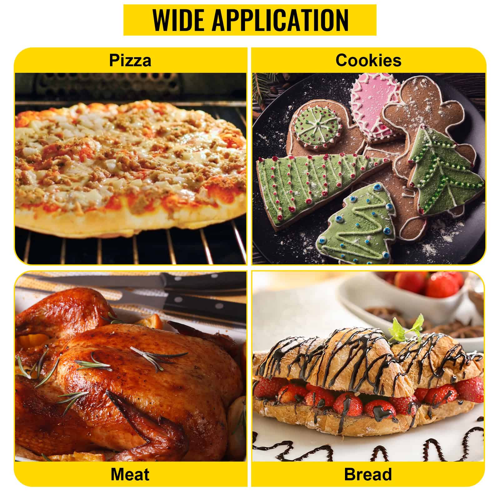 Delicious pizza, festive cookies, roasted meat, and fresh bread showcased for appealing food presentation.