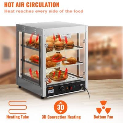 Food warming display case for restaurants, cafes, and bakeries, featuring 3D convection heating, bottom fan, and heating tube for even heat distribution. Ideal for keeping sandwiches, fried chicken, and pizza warm.