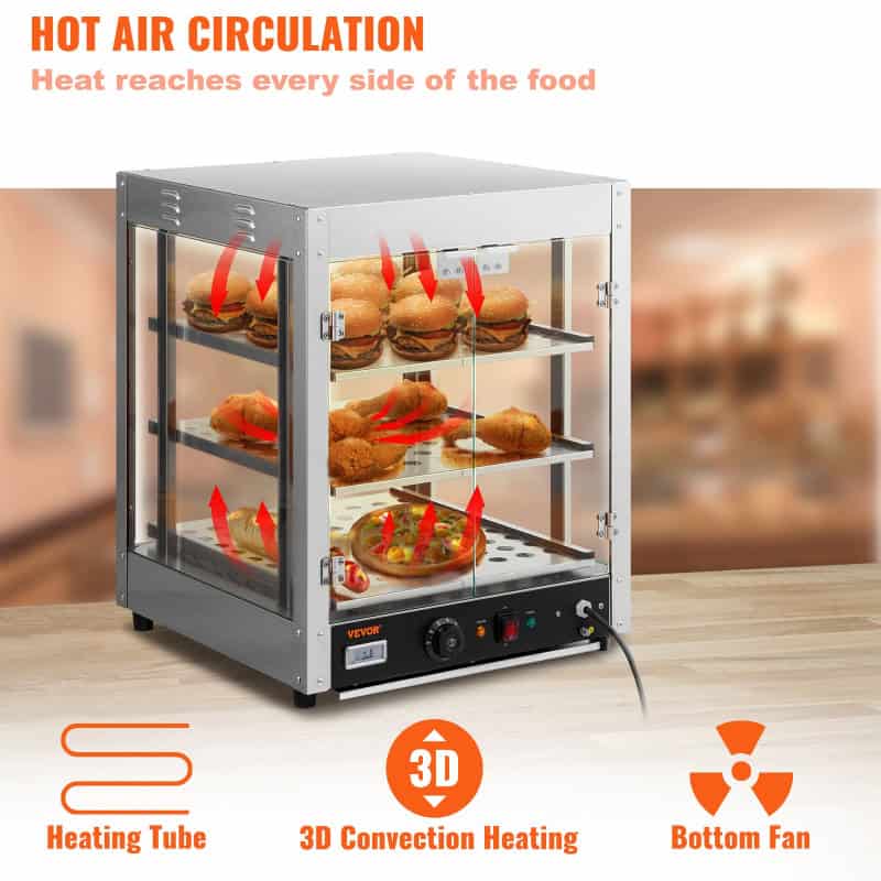 Food warming display case for restaurants, cafes, and bakeries, featuring 3D convection heating, bottom fan, and heating tube for even heat distribution. Ideal for keeping sandwiches, fried chicken, and pizza warm.