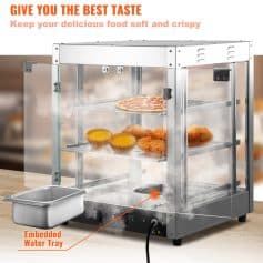 Stainless steel food warmer with heated trays, perfect for retaining the freshness and crispiness of fried foods, pizza, and baked goods in restaurants or food stalls.