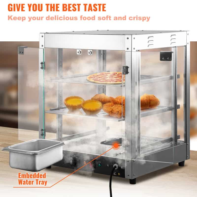 Stainless steel food warmer with heated trays, perfect for retaining the freshness and crispiness of fried foods, pizza, and baked goods in restaurants or food stalls.