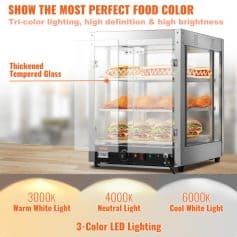High-quality food display case with tri-color LED lighting and thickened tempered glass, perfect for showcasing food items in restaurants or delis.