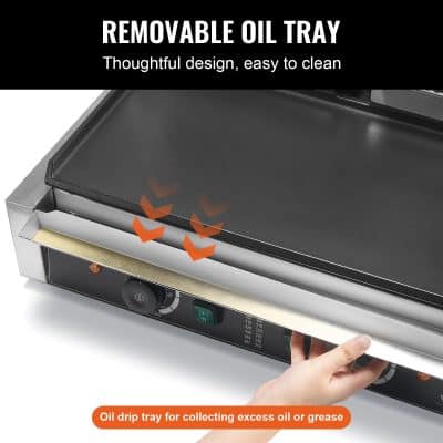 Removable oil tray for easy cleaning, designed to collect excess oil and grease from grills, ensuring hygiene and safety in your cooking area. Conveniently removable for quick maintenance.