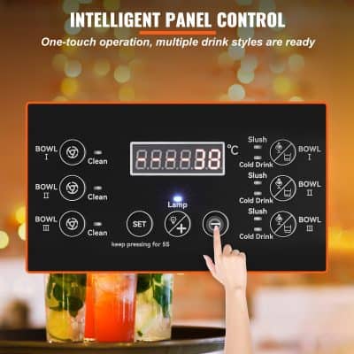 High-tech drink dispenser panel with touch controls for cold drinks, slush, and multiple bowls, featuring digital temperature display and user-friendly operation for beverages.