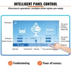 Modern touchscreen panel displaying temperature, voltage, speed, and other controls for beverage dispensers.