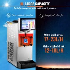 Highly efficient slush drink dispenser with 8L capacity, perfect for cooling beverages and entertaining guests at your establishment, offering both icy treats and refreshing drinks.