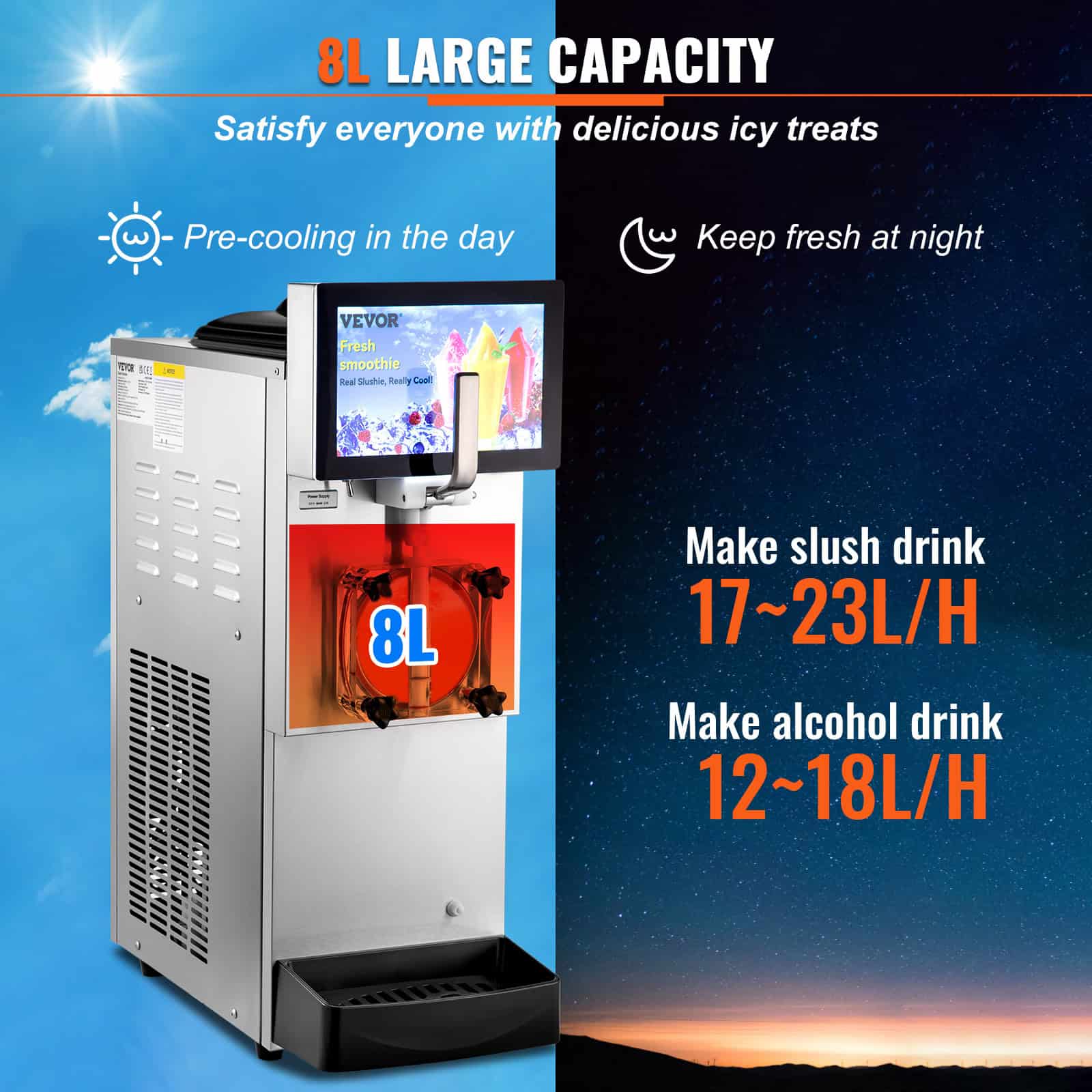Highly efficient slush drink dispenser with 8L capacity, perfect for cooling beverages and entertaining guests at your establishment, offering both icy treats and refreshing drinks.