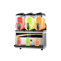 Brightly colored smoothie machine with three separate dispensers for fruit smoothies and frozen beverages, ideal for cafes, restaurants, and convenience stores.