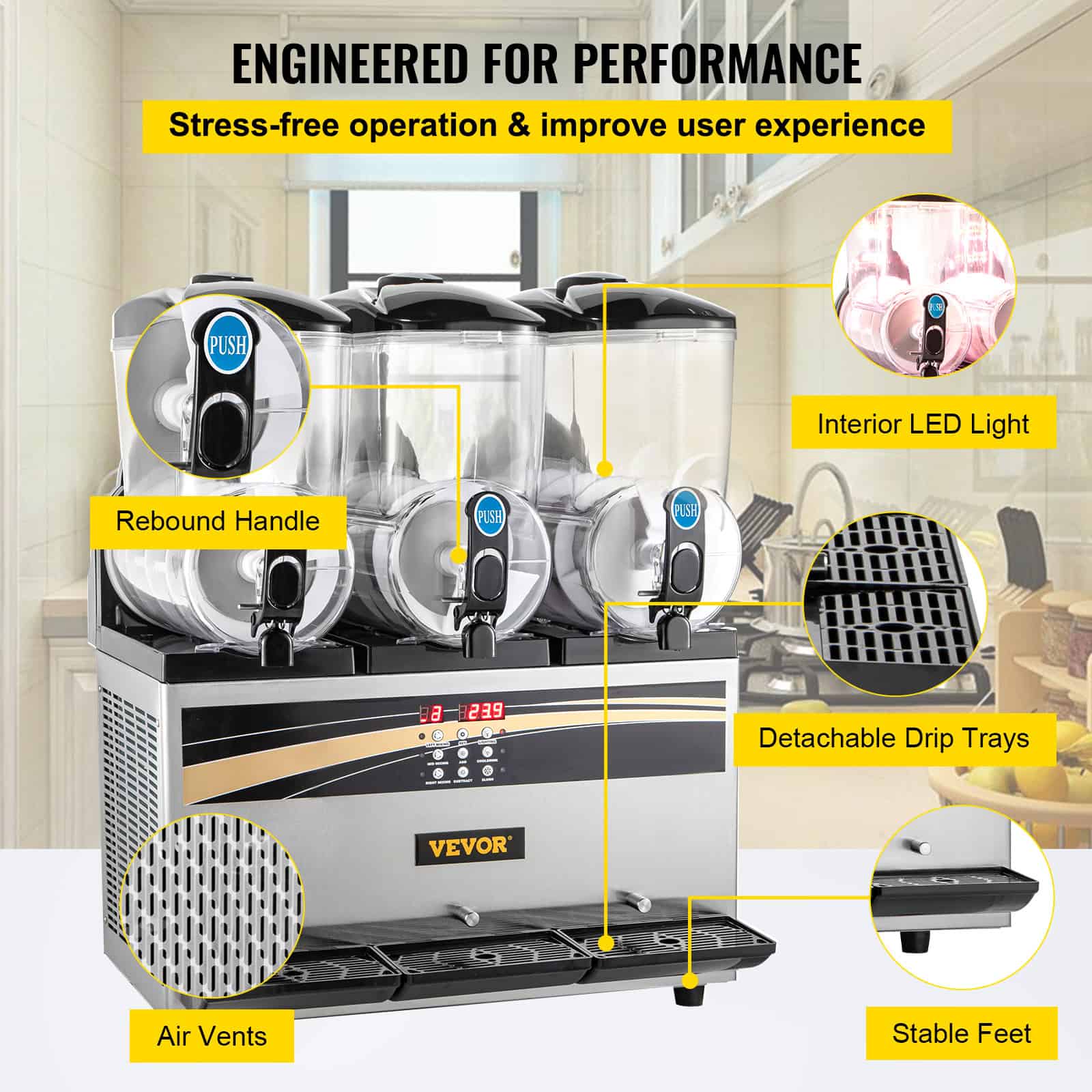 Optical drink dispenser with detachable trays, LED lighting, and stable feet for efficient beverage dispensing.