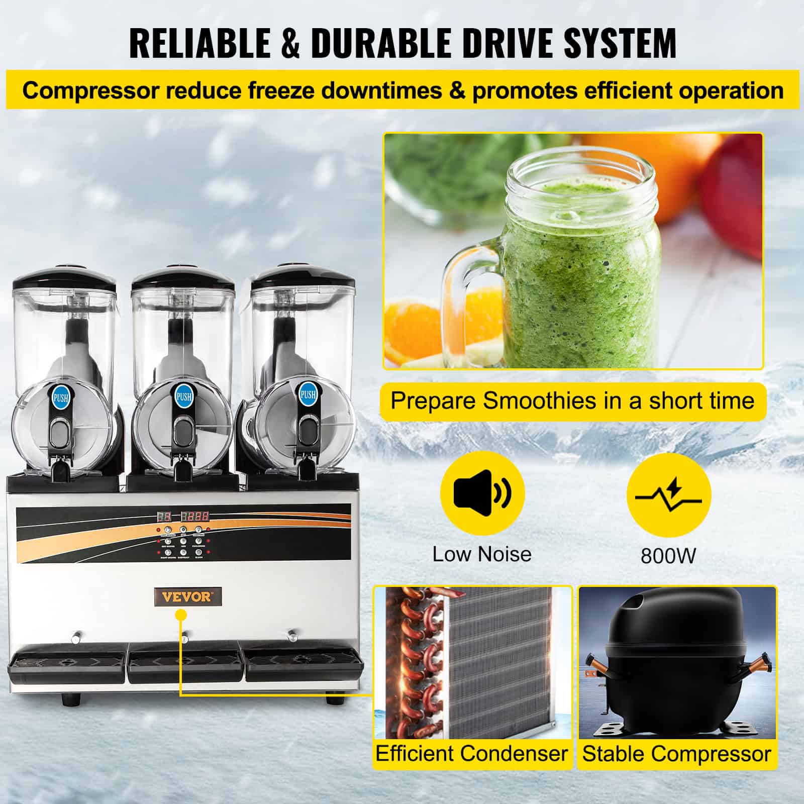 High-quality smoothie making machine featuring durable drive system, low noise, 800W power, efficient condenser, and stable compressor for quick, smooth blends at Monalisa Medical.