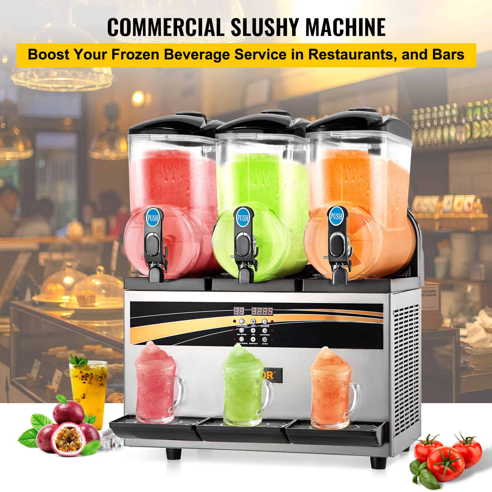 High-quality commercial slushy machine blending colorful drinks for food service.
