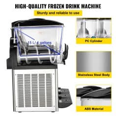 Sturdy, reliable frozen drink machine with 15L/4 gallons capacity, featuring PC cylinders, stainless steel body, and durable ABS material for efficient beverage freezing.