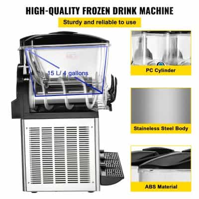 Sturdy, reliable frozen drink machine with 15L/4 gallons capacity, featuring PC cylinders, stainless steel body, and durable ABS material for efficient beverage freezing.